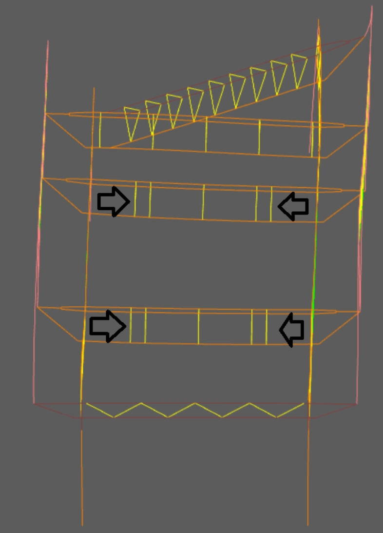 An elevated front view of the bridge, showing the transverse beams which transfer the load from the beams to the arch.
